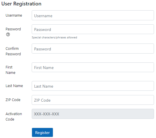 Registration form with no email.